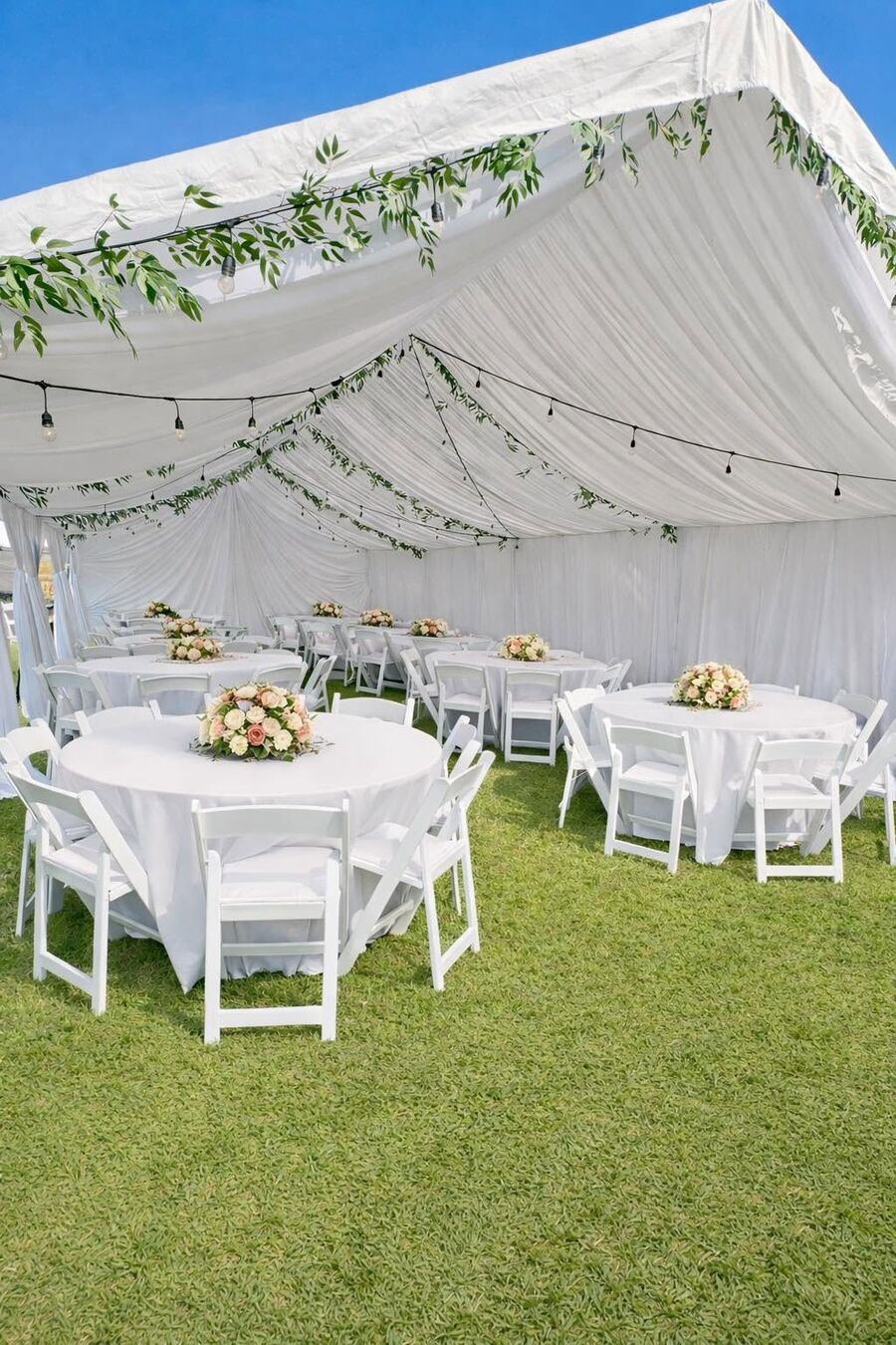 White tent with draped ceiling, greenery garlands and round tables set on a lawn